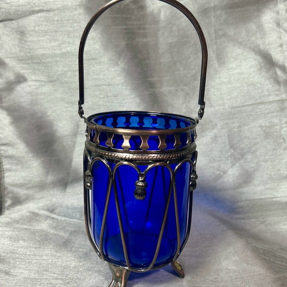 Grand Victorian Cobalt Blue Glass Votive Holder Metal Basket w/Handle